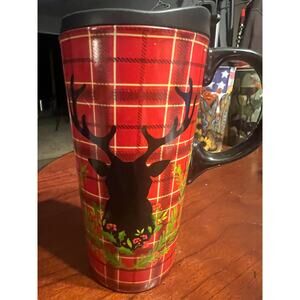 Cypress Home 17oz Ceramic Travel Mug Coffee Cup Deer Buck Red Plaid w/ Holly